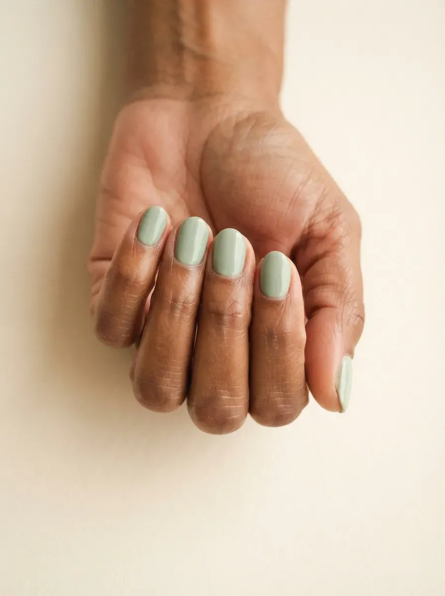 Close up of short oval nails in soft sage green cream polish on brown skin