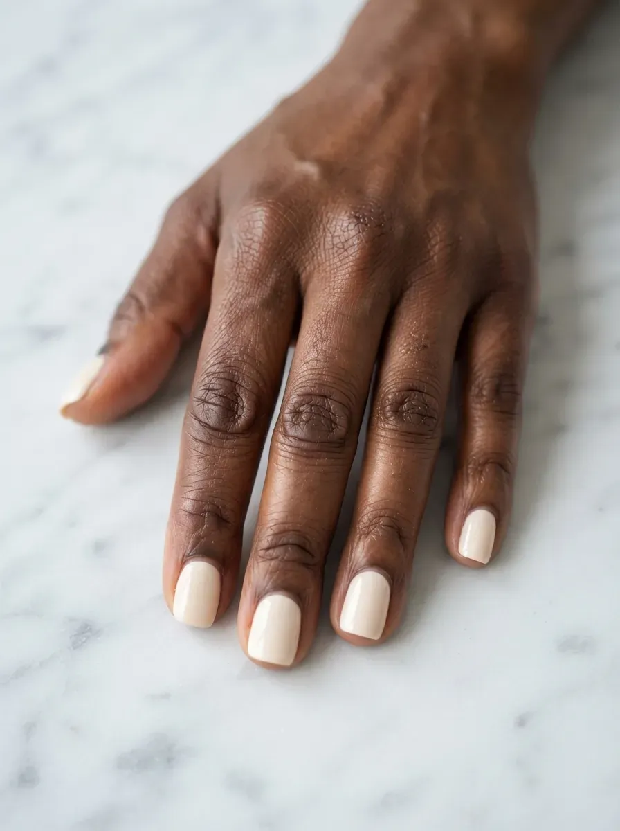 Close up of short squoval nails in soft white cream polish on brown skin