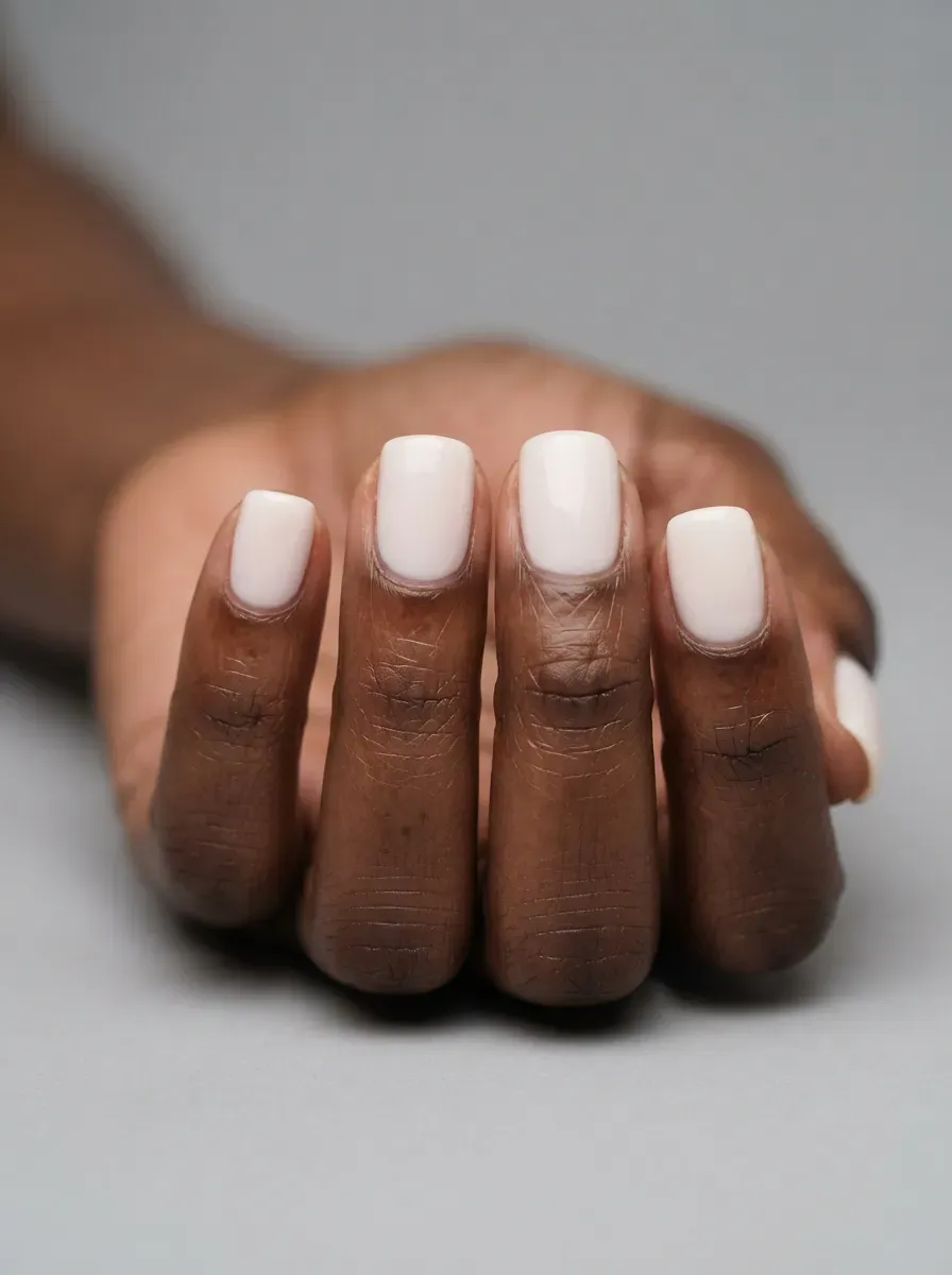 Close up of short squoval nails with soft white cream polish on deep brown skin
