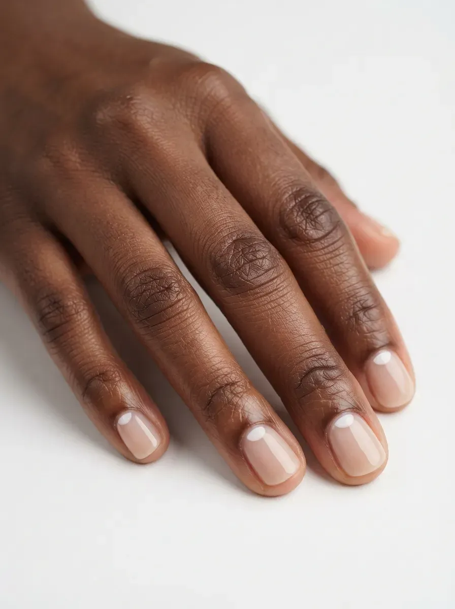 Close up of short nude nails with soft white half moons on deep brown skin