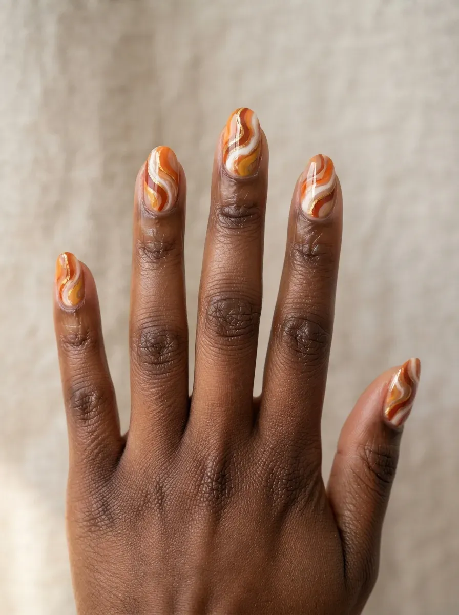 Close-up of medium oval nails with spiced pumpkin swirl nail art on warm brown skin