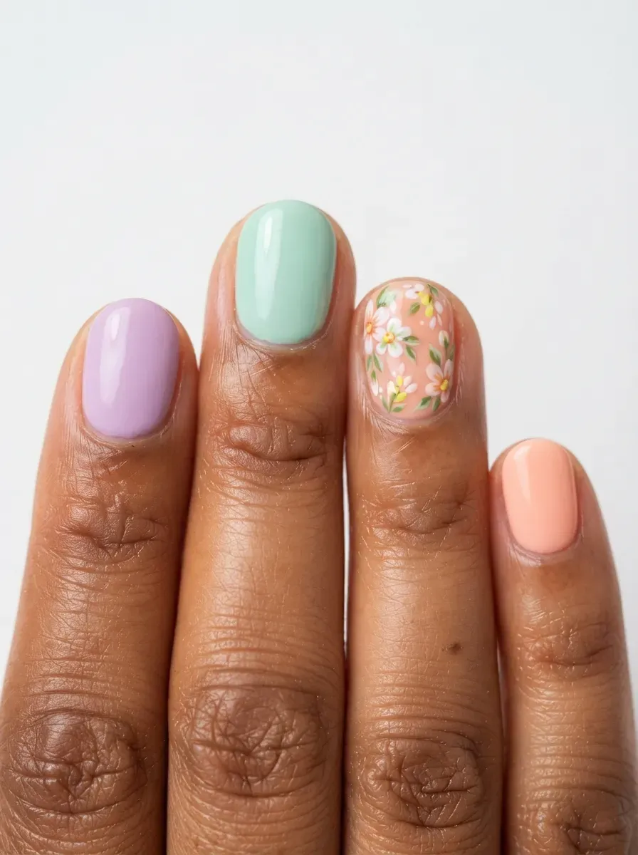 Close-up of round nails in spring pastels with one floral nail