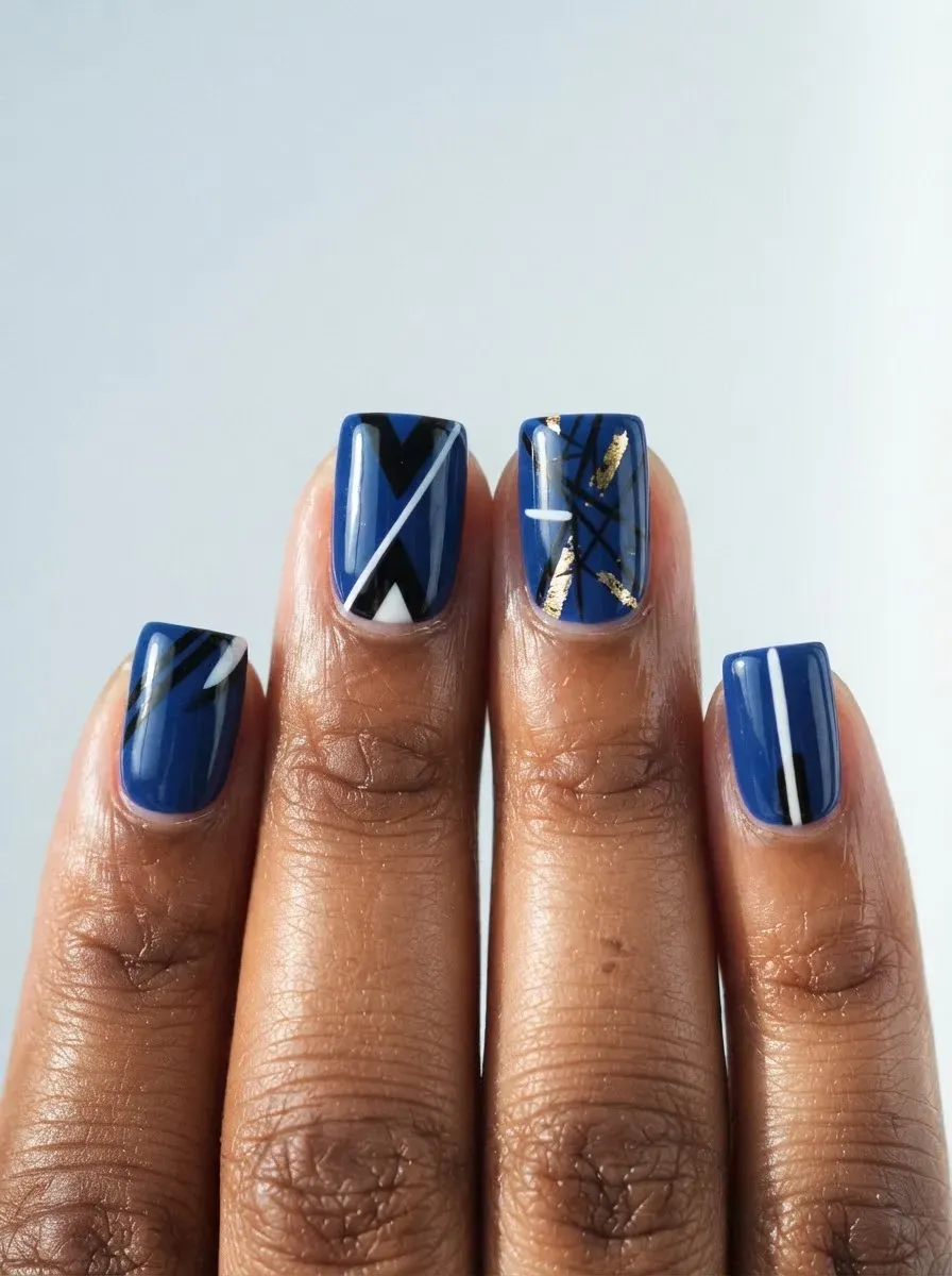 Close-up of square nails in blue with graphic accents on brown skin with warm undertones