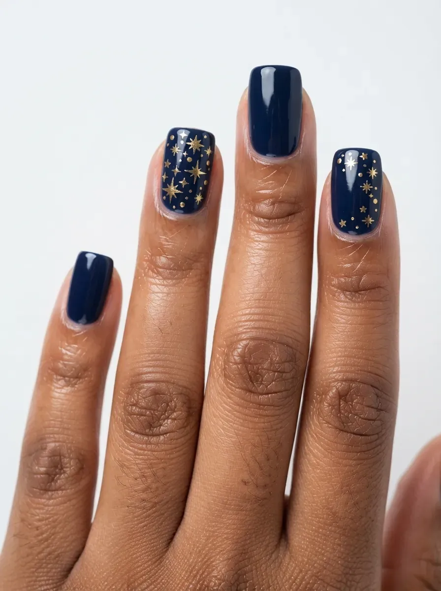 Close-up of square nails in navy with gold star accent nails