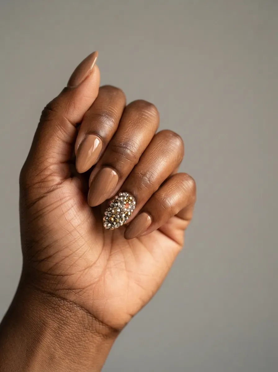 Close-up of almond nails in nude with one bold jeweled statement nail