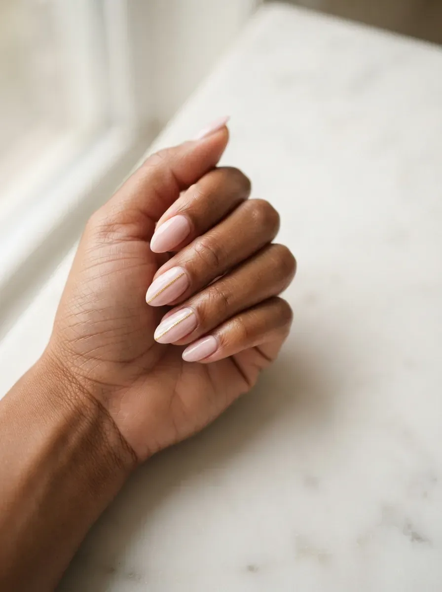 Close-up of almond nails in blush pink with thin gold striped accent nails
