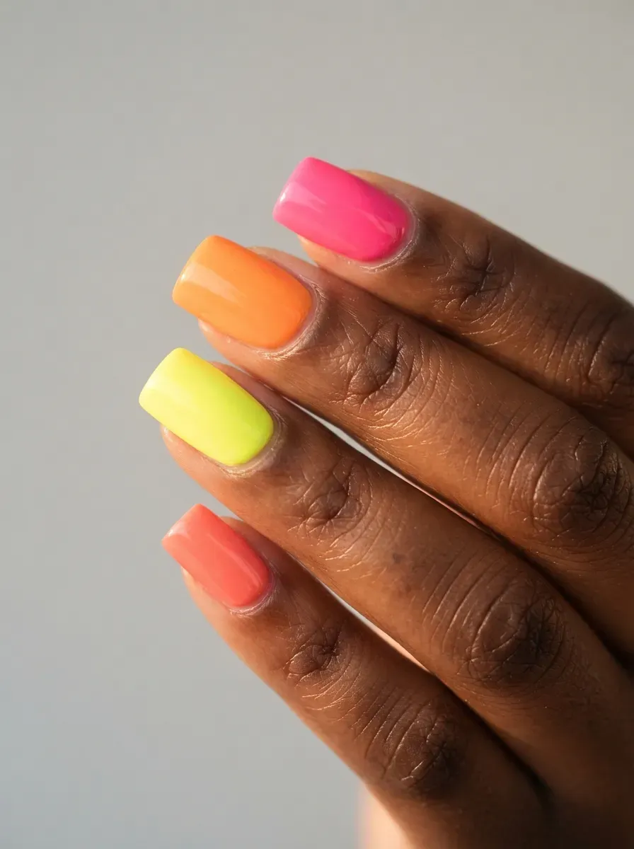 Close-up of square nails in summer brights with one neon accent nail