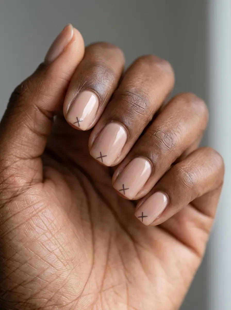 Short squoval nude nails with tiny crossed lines near the tip