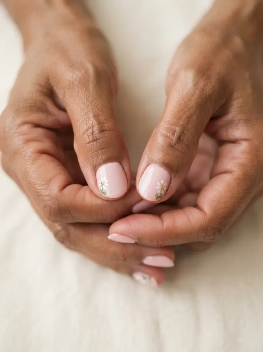 Close up of short oval nails in soft pink polish with tiny white daisy accents