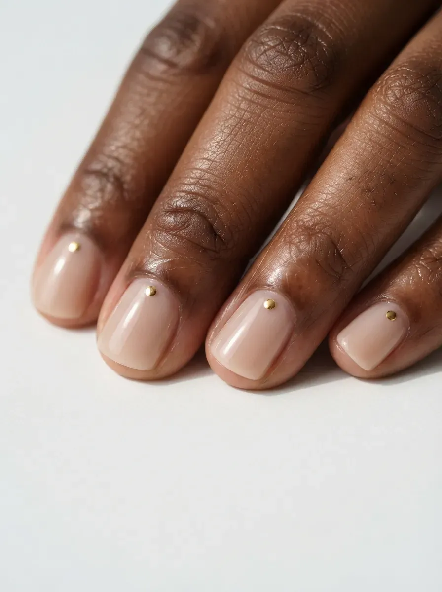 Close up of short nude nails with one tiny gold cuticle dot on deep chestnut skin