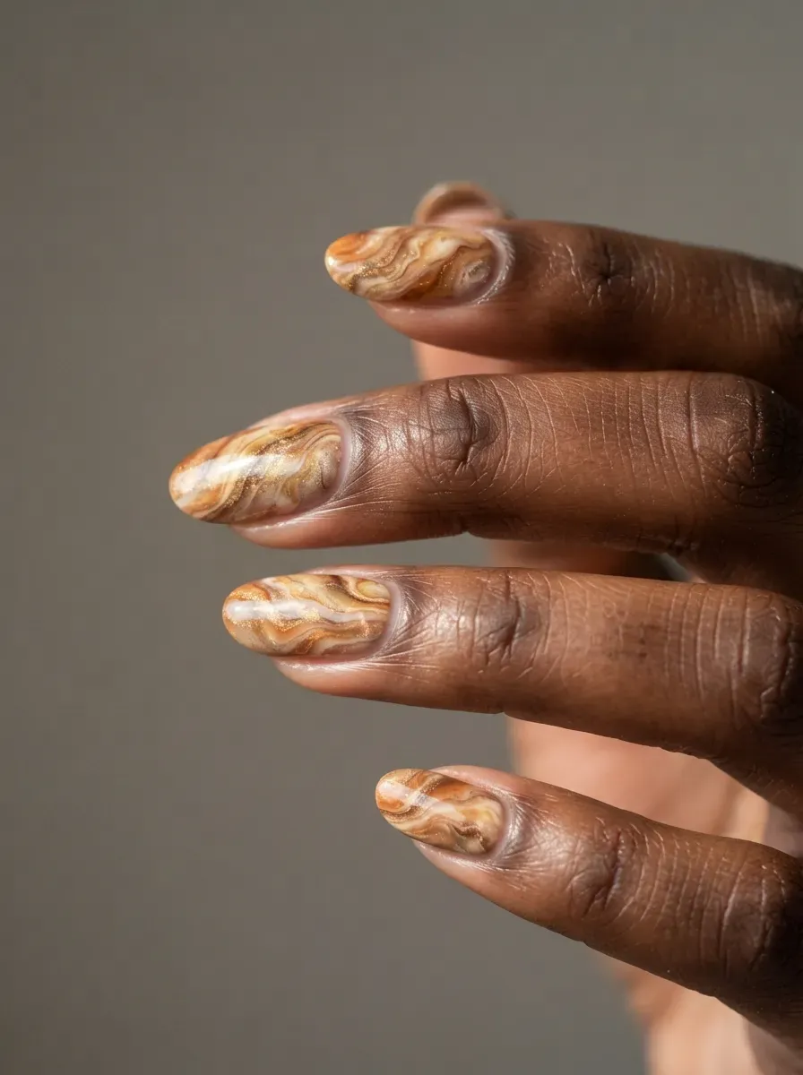 Close-up of medium oval nails with toffee caramel marble design on warm brown skin