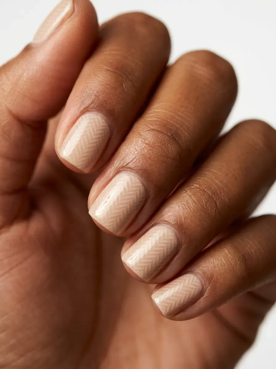 Short square nails with a faint tonal beige herringbone pattern