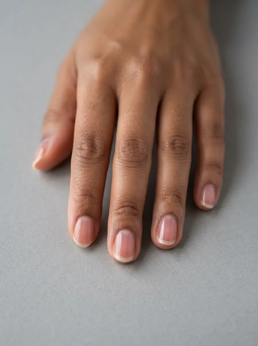 Close up of very short oval nails with a transparent rose tint on warm brown skin