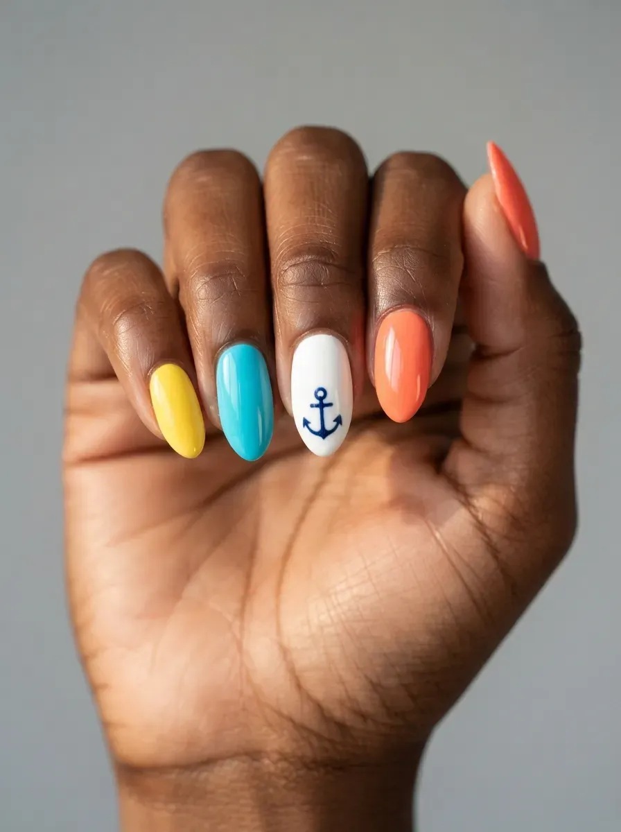 Close-up of almond nails in coral turquoise yellow with white anchor nail