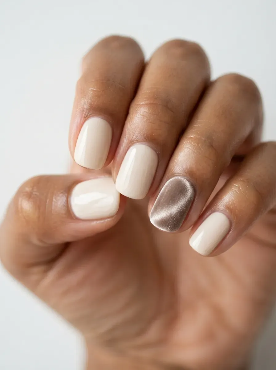 Close-up of cream nails with one taupe velvet accent nail on warm brown skin