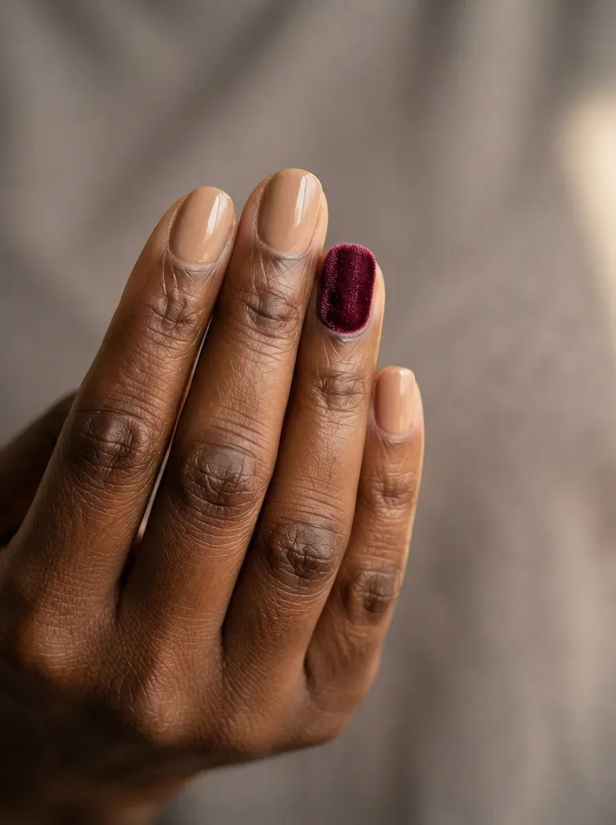 Close-up of nude nails with one burgundy velvet accent nail on deep brown skin