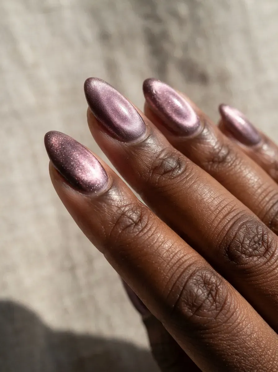 Close-up of almond nails with velvet aura blend in mauve on deep chestnut skin