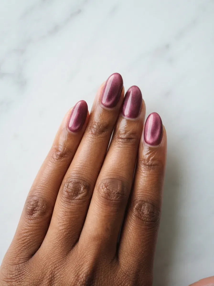 Close-up of short almond nails with berry velvet shimmer on brown skin with warm undertones