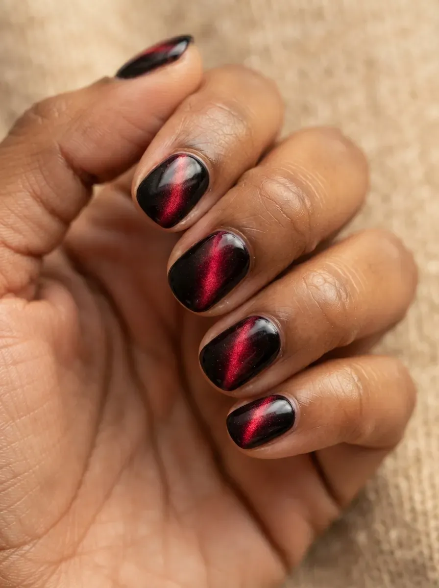 Short round nails with velvet black cherry cat-eye polish and glow on warm brown skin