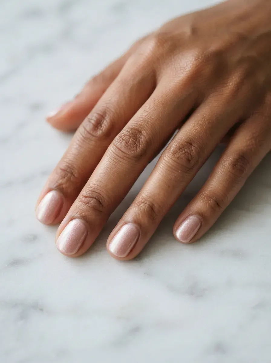 Close-up of short oval nails with blush velvet shimmer on warm brown skin