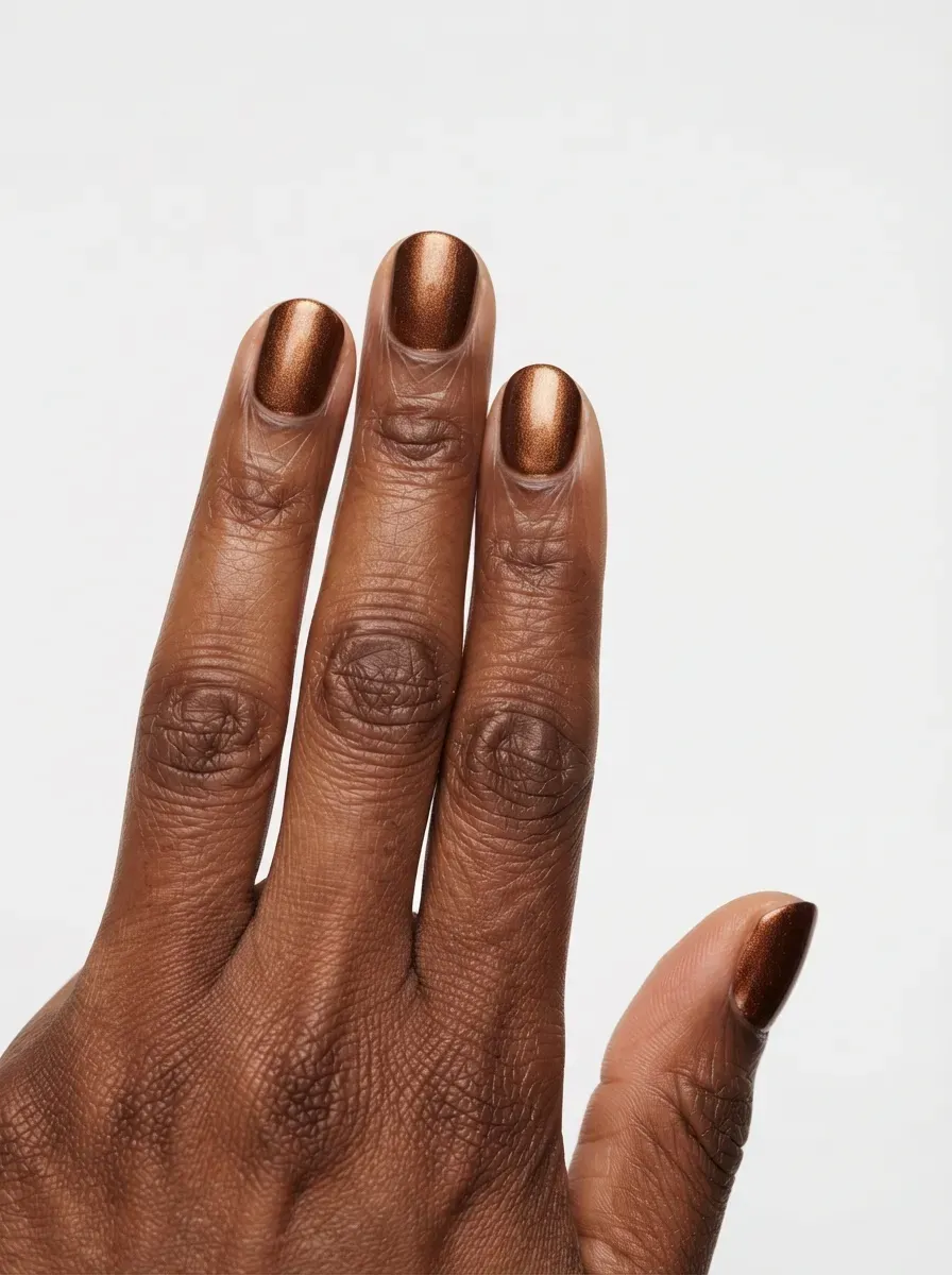 Close-up of short round nails with bronze velvet shimmer on deep brown skin