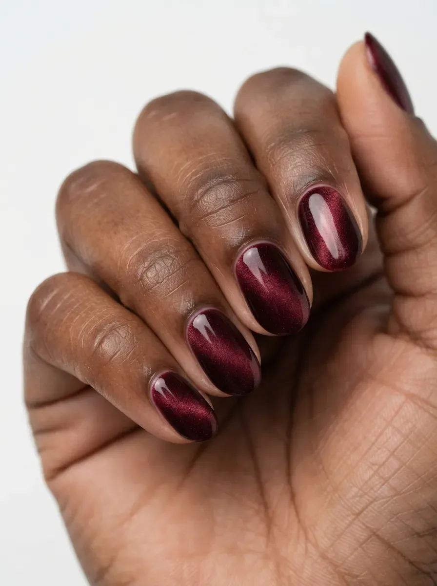 Close-up of almond nails with velvet burgundy cat-eye polish on deep brown skin