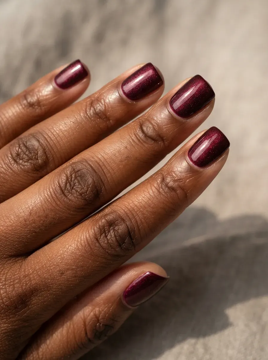 Close-up of short square nails with deep burgundy velvet shimmer on deep chestnut skin