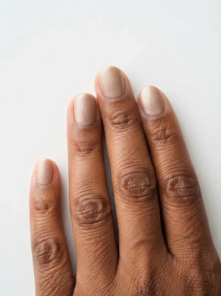 Close-up of short round nails with cashmere beige velvet on warm brown skin