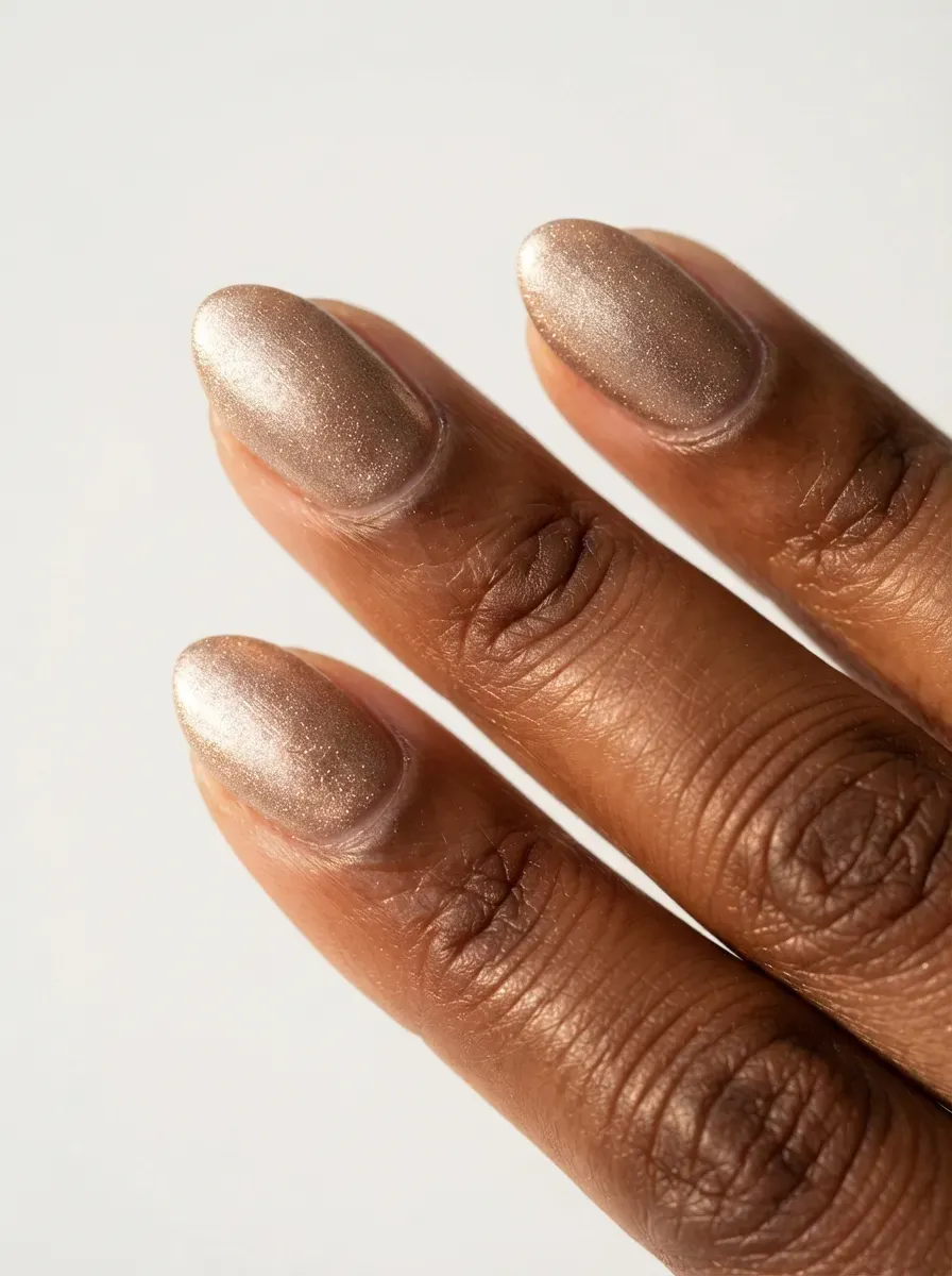 Close-up of short almond nails with champagne velvet shimmer on deep chestnut skin