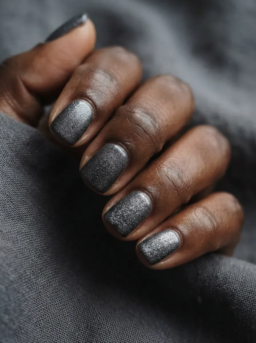 Close-up of short square nails with charcoal velvet shimmer on rich dark skin tone
