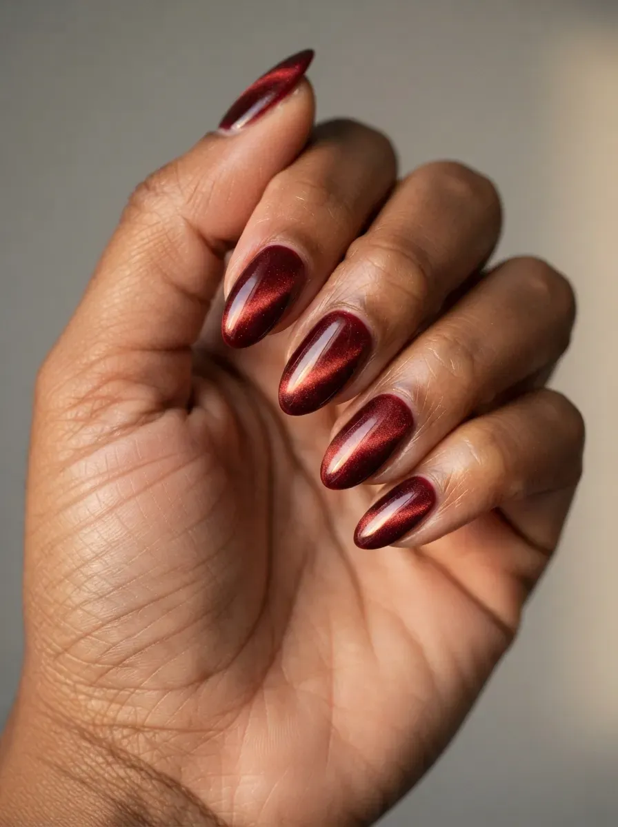 Almond nails with velvet cherry cola cat-eye polish and warm glow on warm brown skin