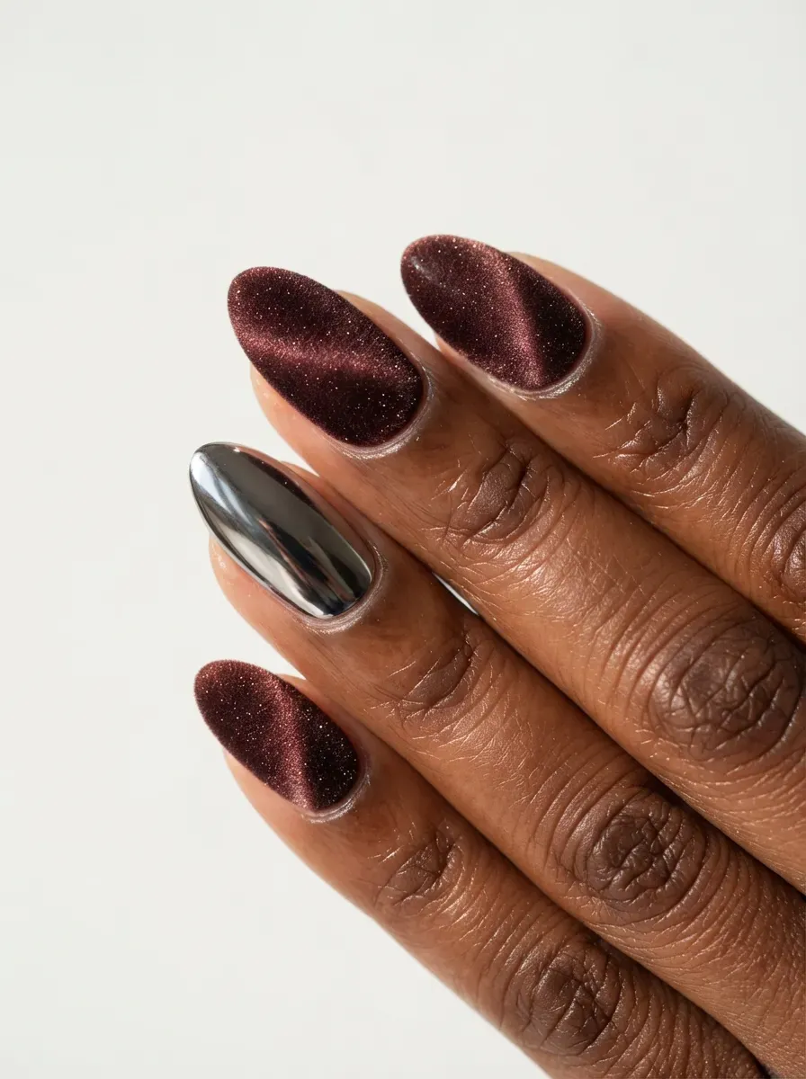 Close-up of velvet nails with one chrome accent nail on deep chestnut skin