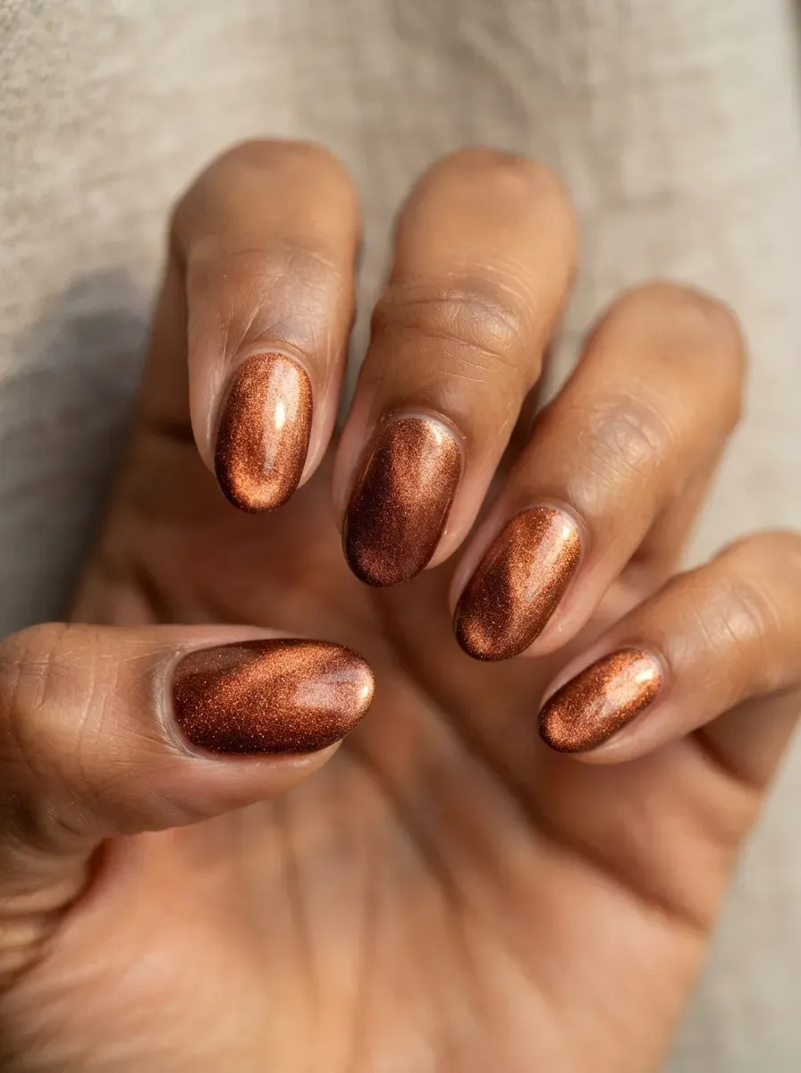 Close-up of oval nails with copper velvet shimmer on warm brown skin