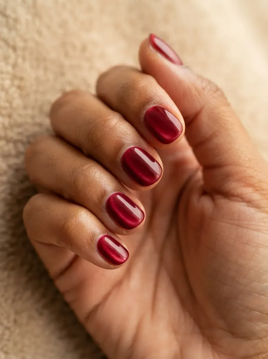Short round nails with velvet cranberry cat-eye polish and even glow on warm brown skin