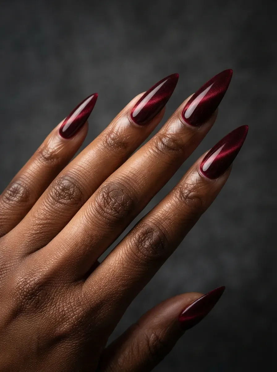 Stiletto nails with velvet deep burgundy cat-eye polish and plush glow on rich dark skin
