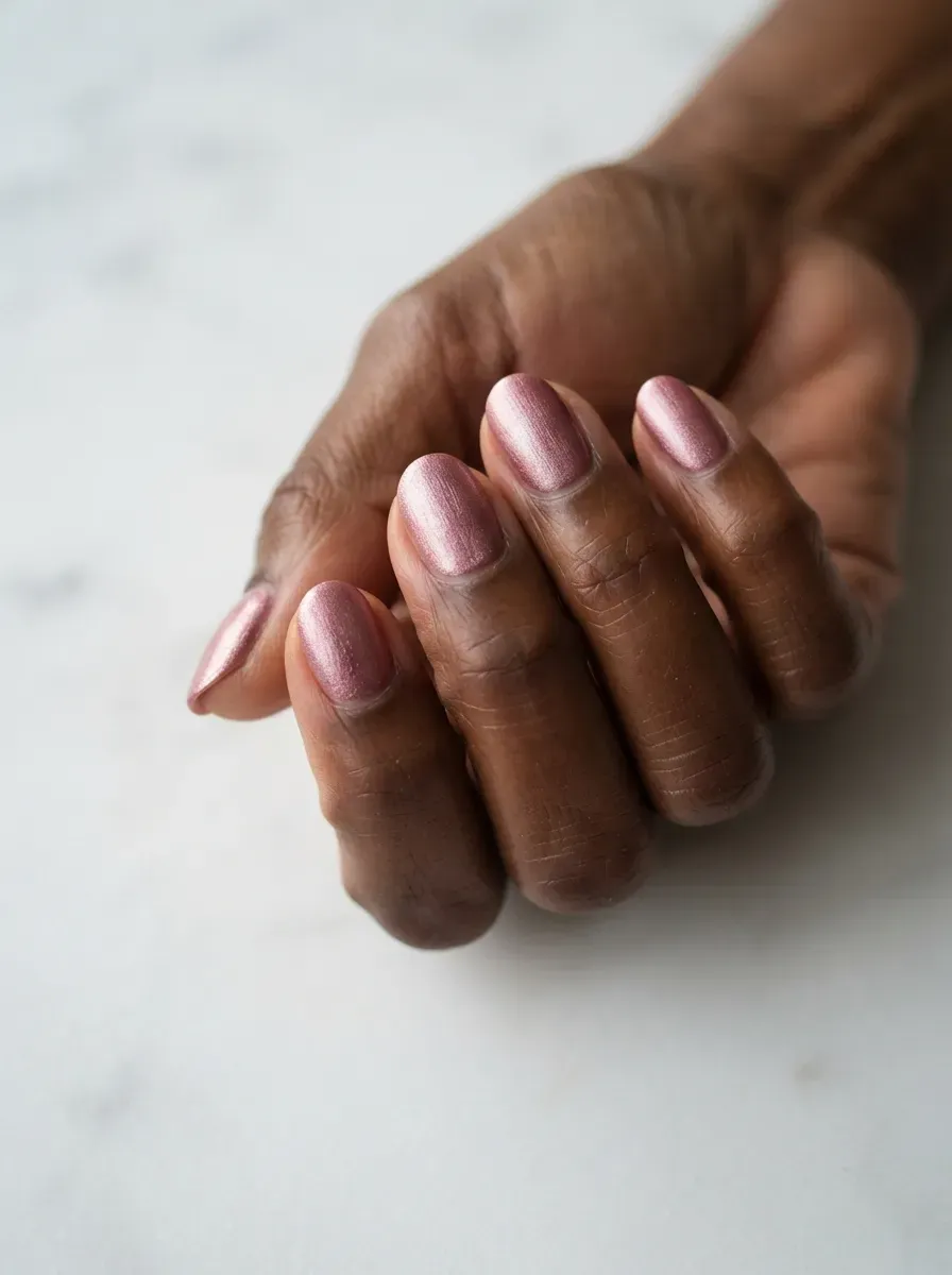 Close-up of short oval nails with dusty rose velvet shimmer on rich dark skin tone