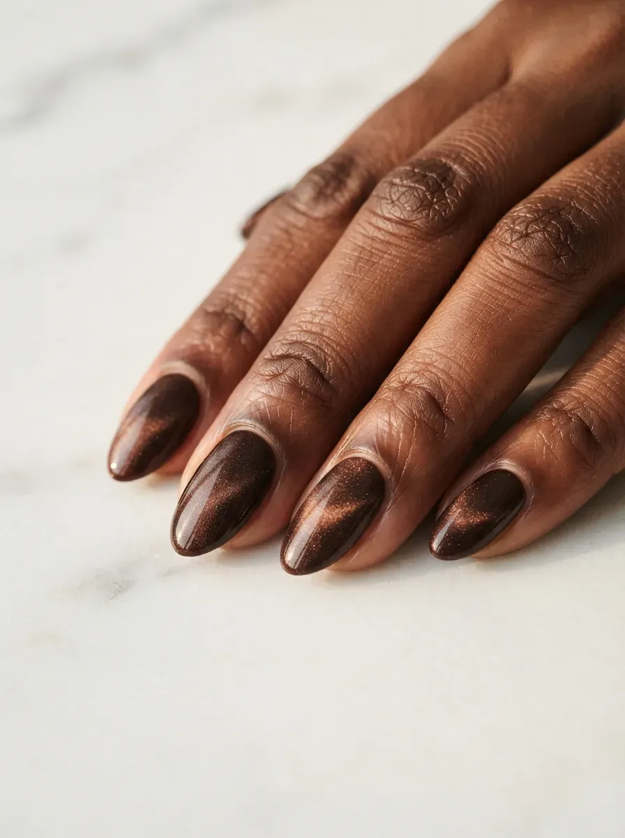 Close-up of almond nails with espresso velvet shimmer on deep brown skin
