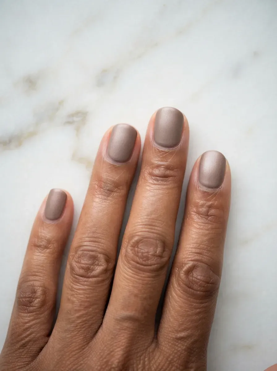 Close-up of short nails with taupe velvet for everyday wear on warm brown skin