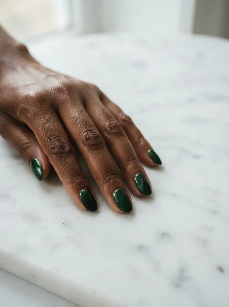 Close-up of oval nails with forest green velvet shimmer on deep brown skin