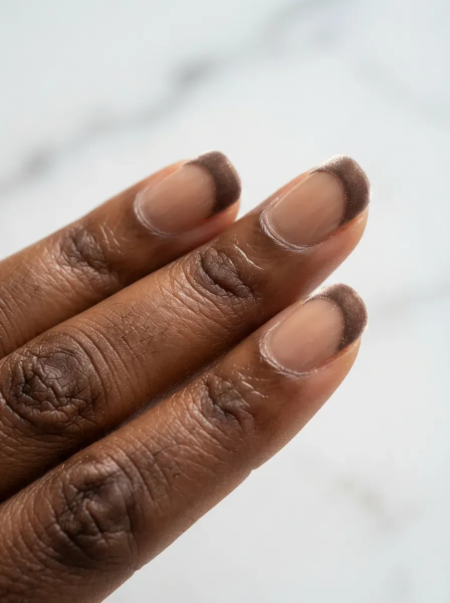 Close-up of short nails with velvet French tips on deep chestnut skin
