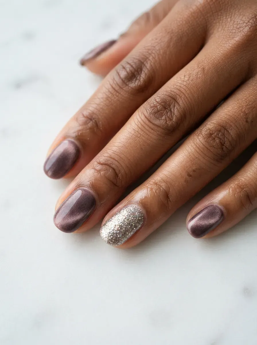 Close-up of velvet nails with one fine glitter accent nail on warm brown skin