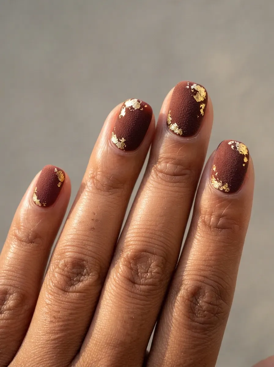 Close-up of velvet nails with gold foil accent on brown skin with warm undertones