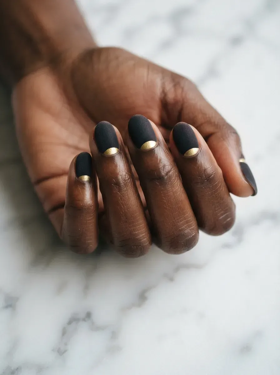 Close-up of short nails with velvet half-moon design on rich dark skin tone