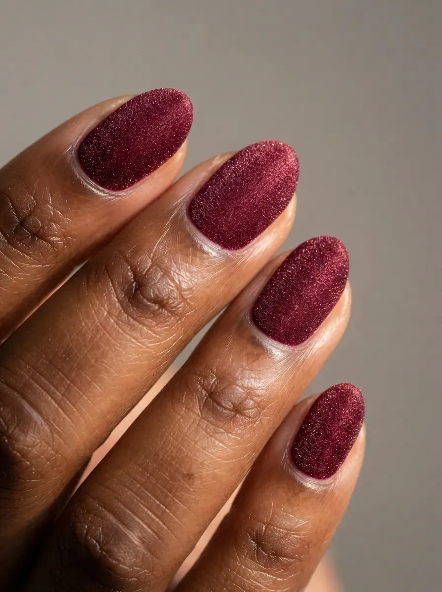 Close-up of nails with burgundy velvet for holidays on deep chestnut skin