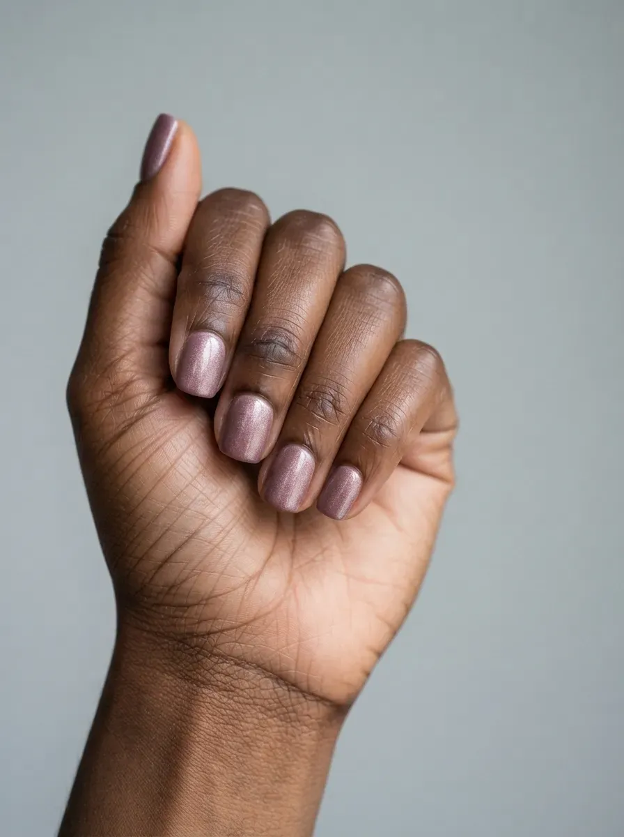 Close-up of short square nails with dusty mauve velvet shimmer on deep brown skin