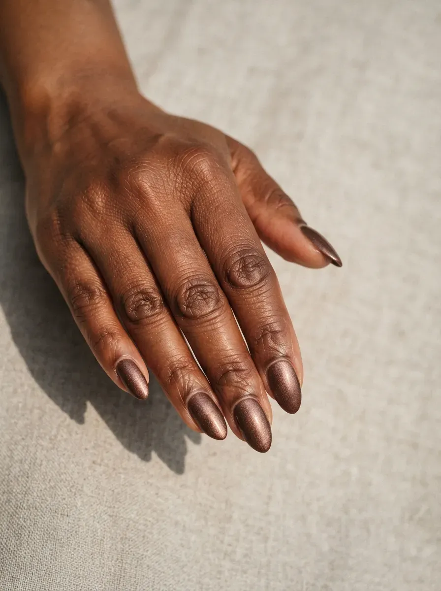 Close-up of almond nails with mocha velvet shimmer on deep brown skin