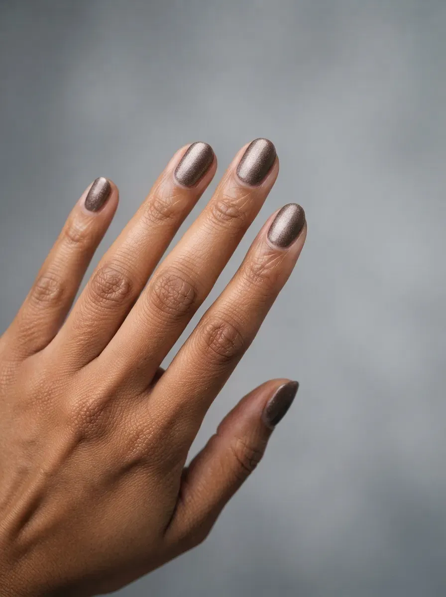 Close-up of short oval nails with mushroom velvet shimmer on warm brown skin