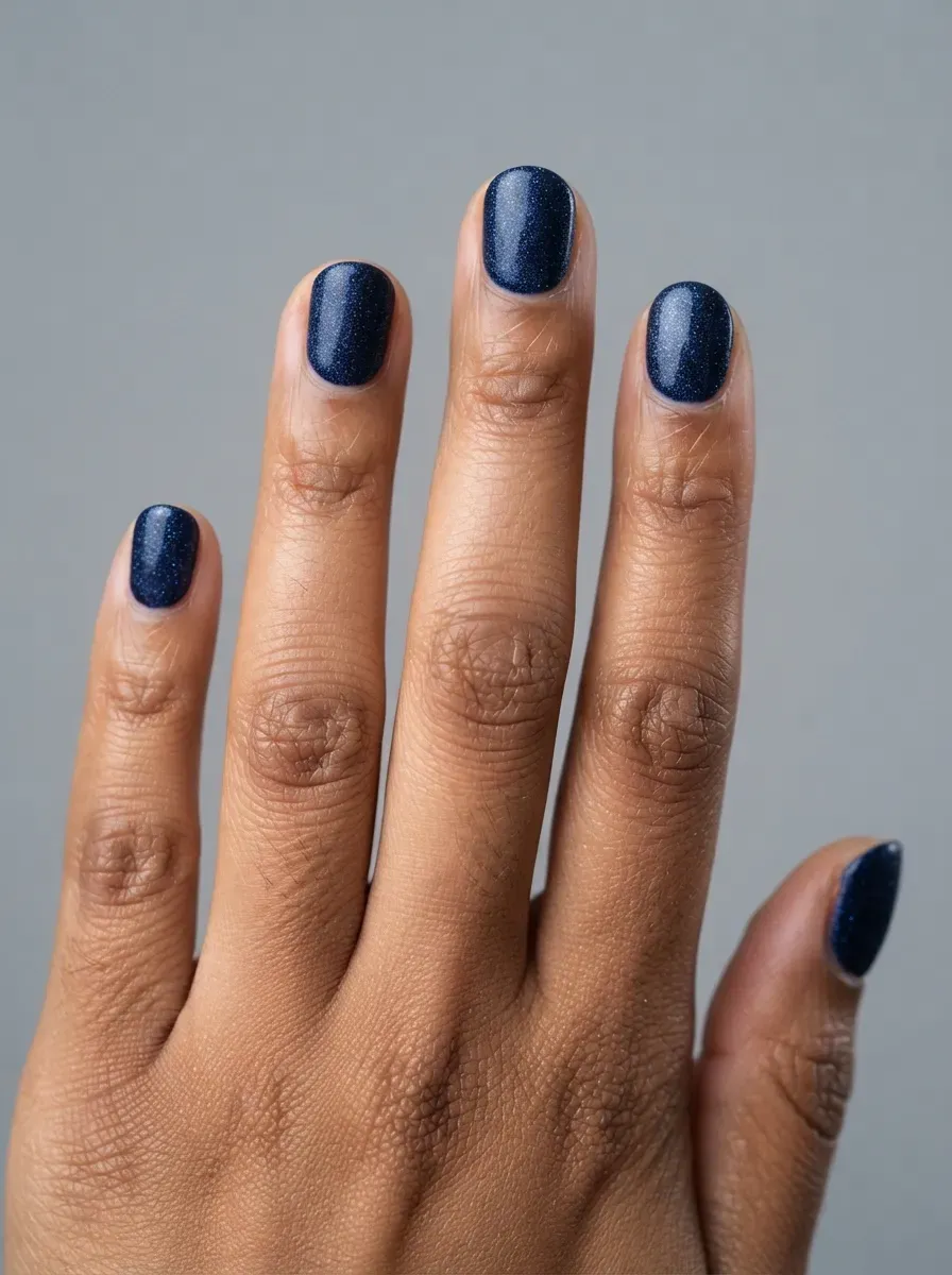 Close-up of short round nails with navy velvet shimmer on warm brown skin