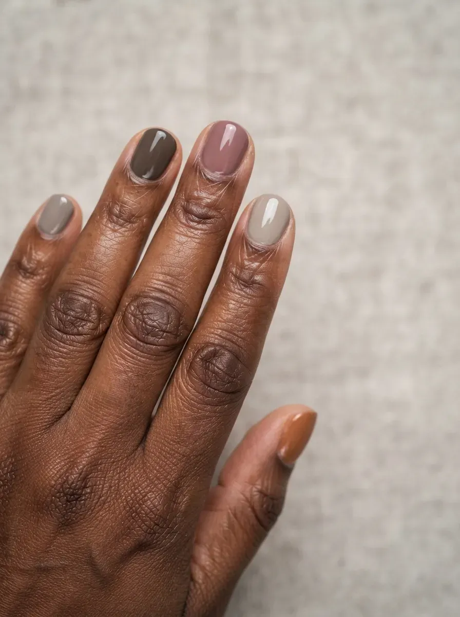Close-up of short nails with muted velvet neutrals for office wear on deep brown skin