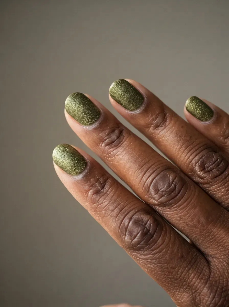Close-up of round nails with olive velvet shimmer on deep chestnut skin